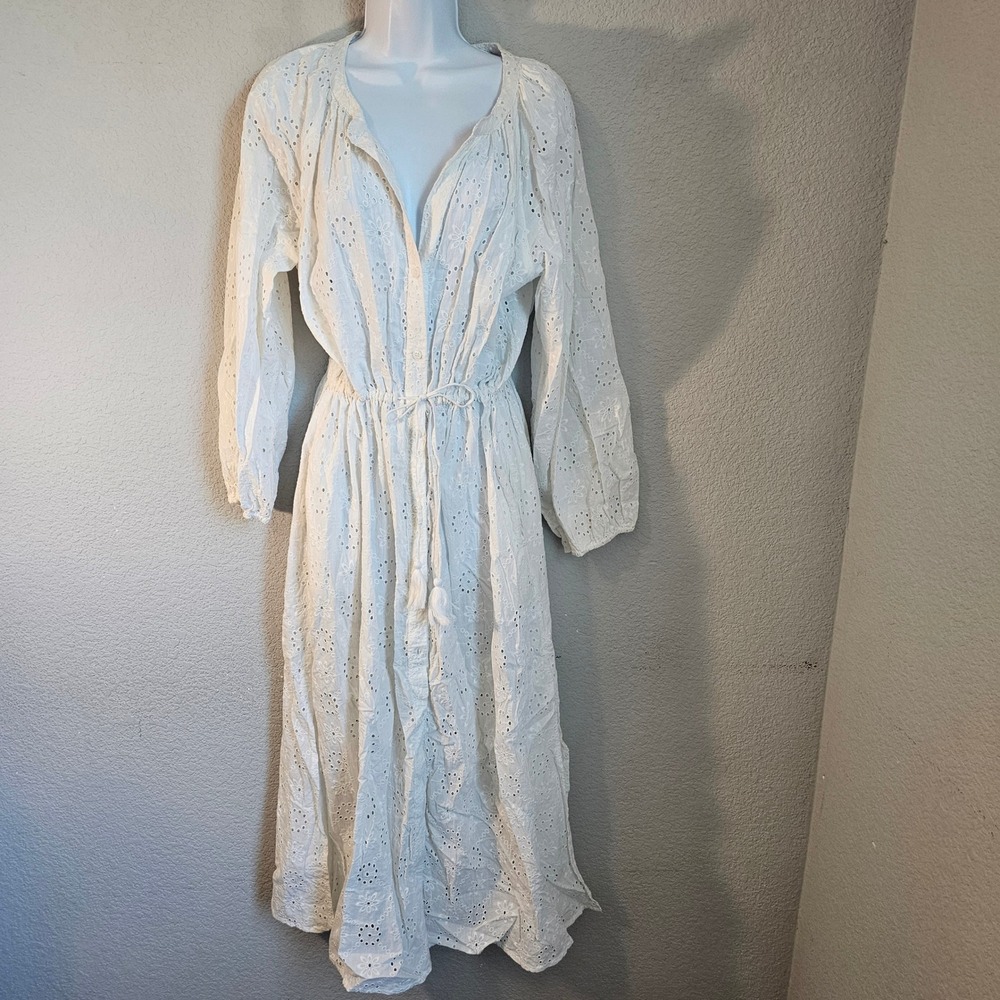 Tommy Bahama Womens White Organic Cotton Eyelet Maxi Swimsuit Coverup Dress M